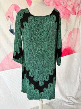 Beth Bowley Black Midi Dress with Teal Scroll Pattern size Large